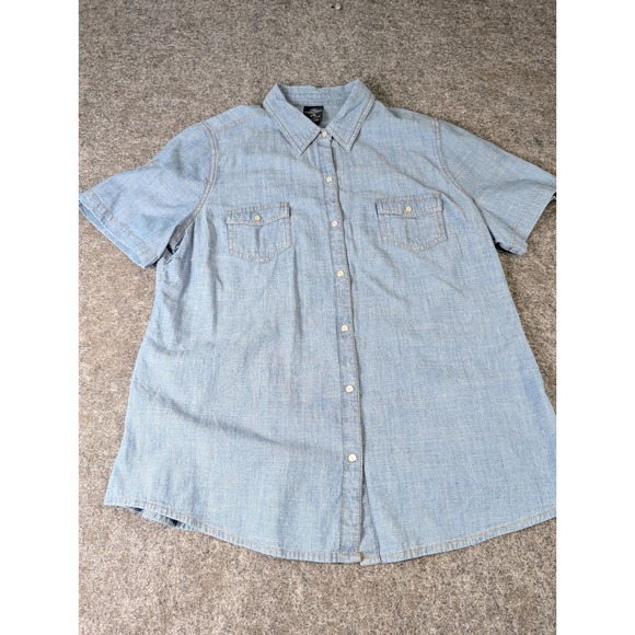 Faded Glory Tops - Faded Glory Womens Blue Chambray Short Sleeve Snap Button Down Shirt Large 12-14
